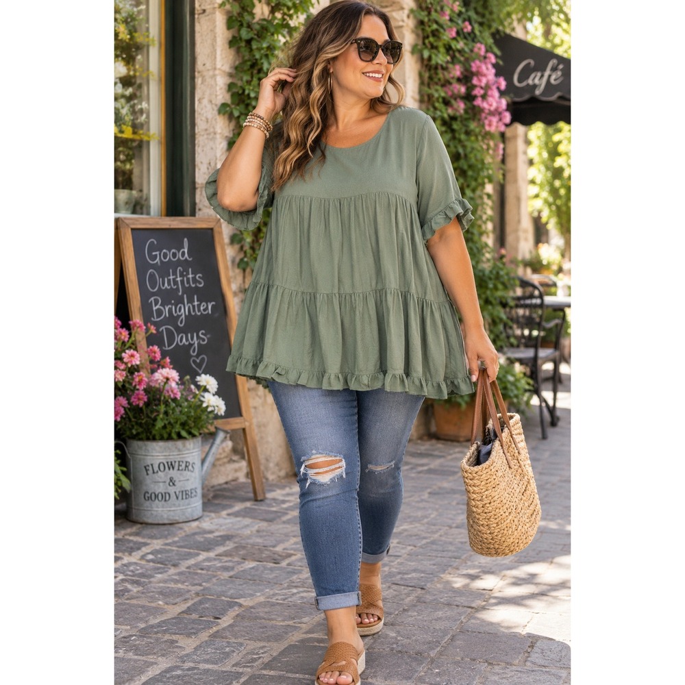 Shop The Mint Sage Green Cotton Linen Tiered Babydoll Top XL Short Sleeve Ruffle